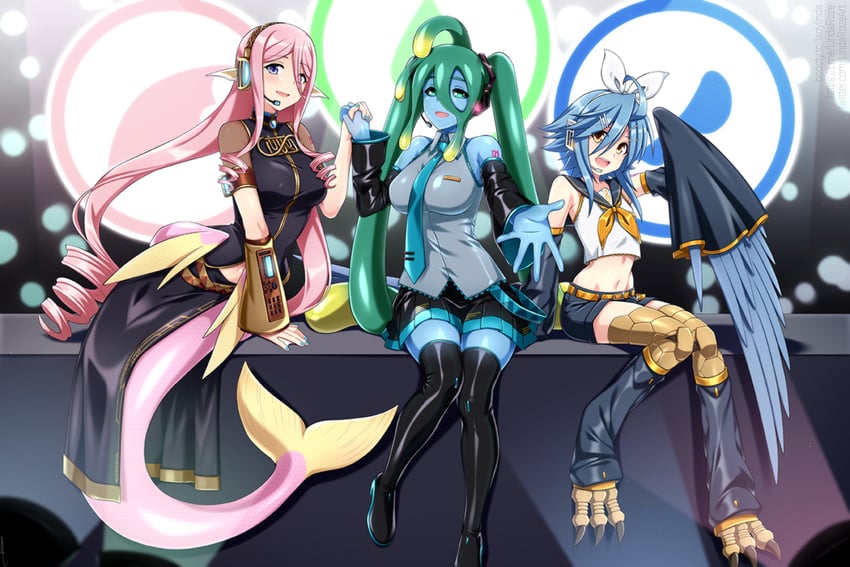 hatsune miku, kagamine rin, megurine luka, papi, suu, and 1 more (vocaloid and 1 more) drawn by lindaroze