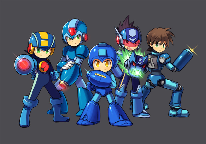 x, mega man, megaman.exe, mega man volnutt, geo stelar, and 1 more (mega man and 4 more) drawn by wusagi2