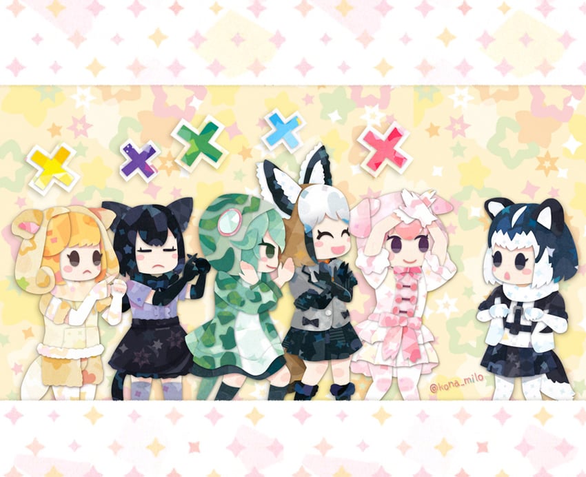 black jaguar, bat-eared fox, pig, okinawa habu, sheep, and 1 more (kemono friends) drawn by kikuchi_milo