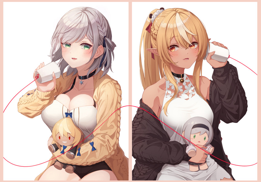 shirogane noel and shiranui flare (hololive) drawn by tang-du
