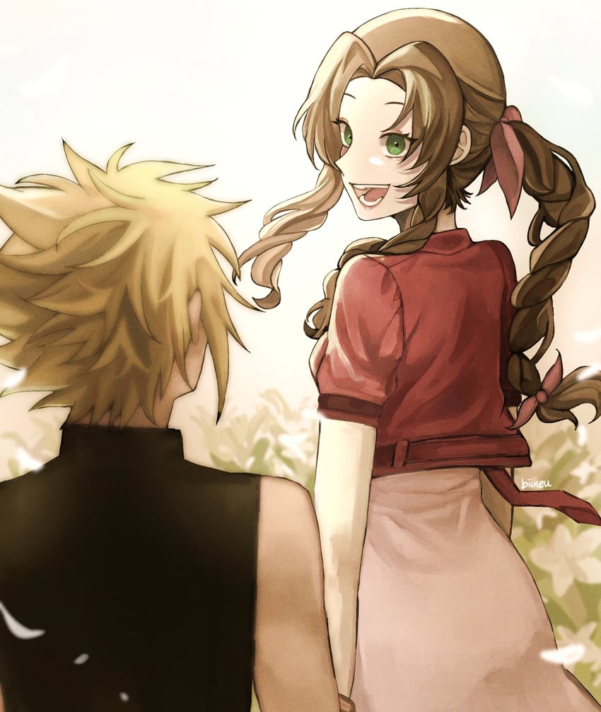 cloud strife and aerith gainsborough (final fantasy and 3 more) drawn by biixeu