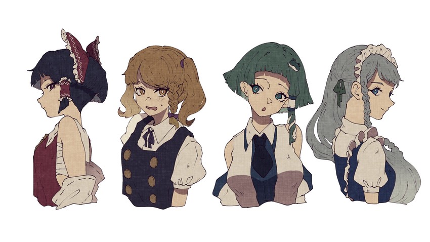 hakurei reimu, kirisame marisa, izayoi sakuya, and kochiya sanae (touhou) drawn by sokura_(mochichitose)