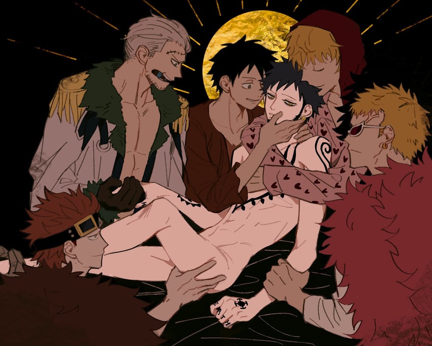 monkey d. luffy, trafalgar law, donquixote doflamingo, donquixote rocinante, smoker, and 1 more (one piece) drawn by demorzel