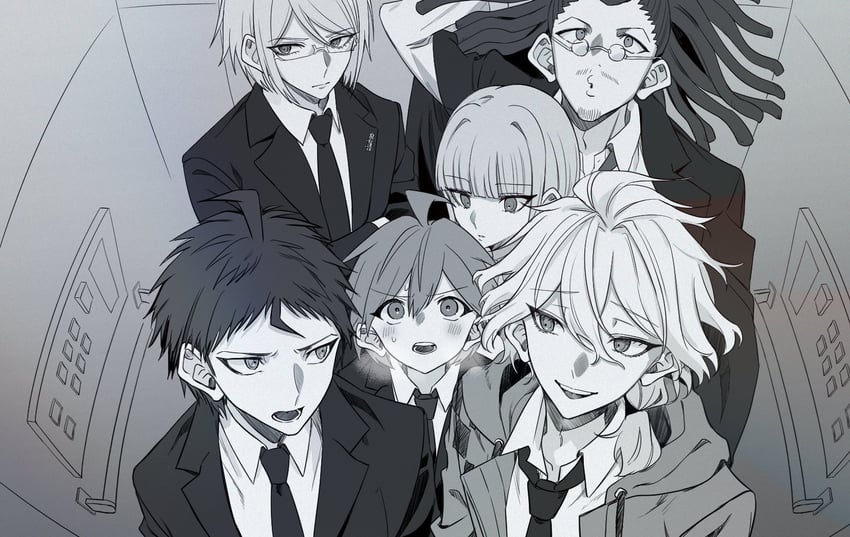 komaeda nagito, hinata hajime, kirigiri kyoko, naegi makoto, togami byakuya, and 1 more (danganronpa) drawn by runchelnln