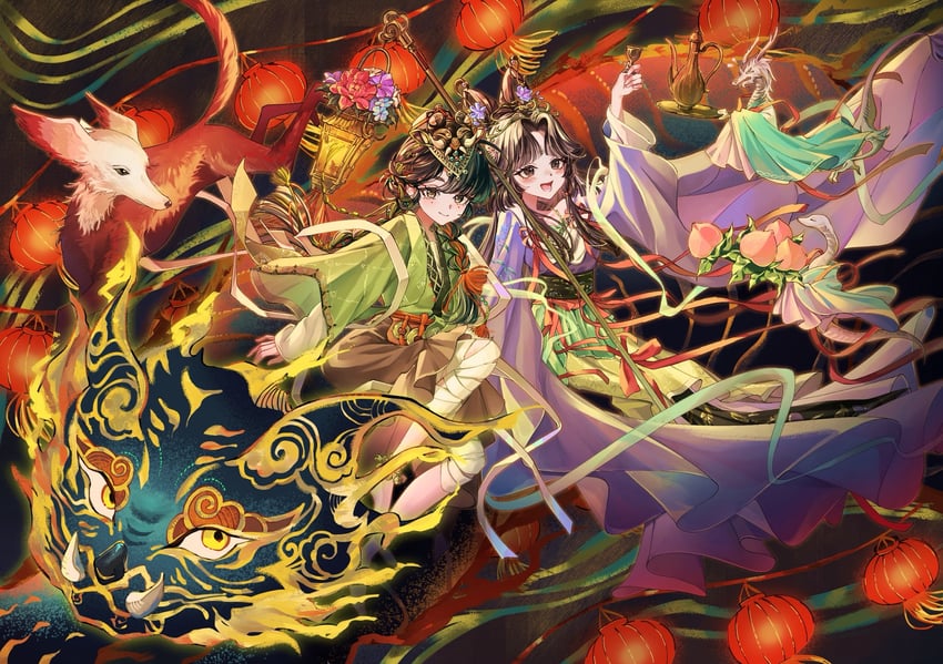 jiu niangzi, liang yue, and qiangliang (reverse:1999) drawn by minnim