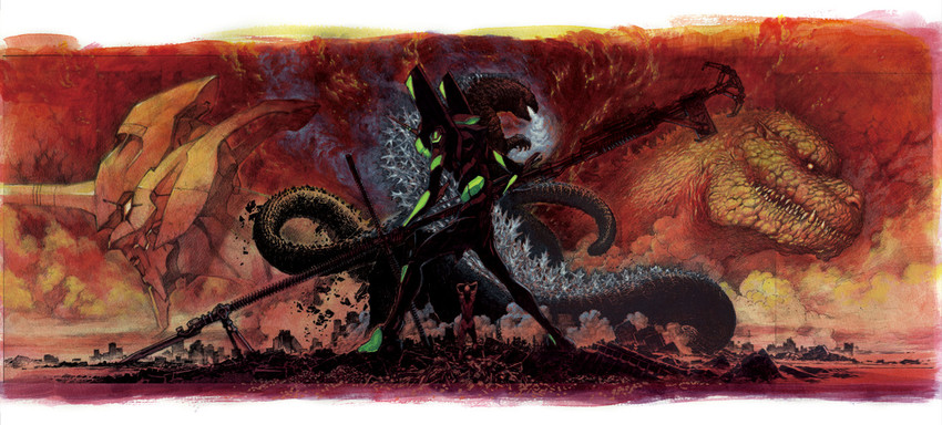godzilla and eva 01 (neon genesis evangelion and 2 more) drawn by maeda_mahiro
