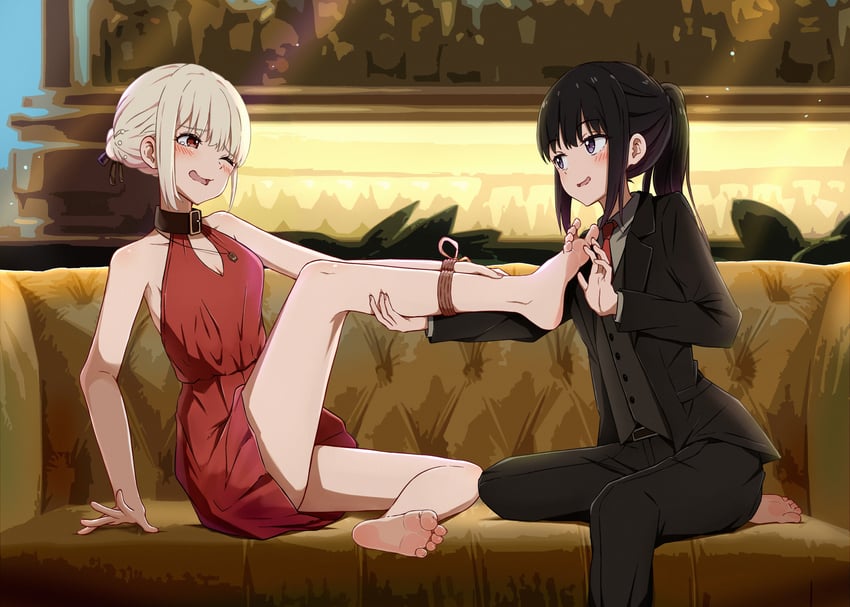 nishikigi chisato and inoue takina (lycoris recoil) drawn by qiufengxiaose