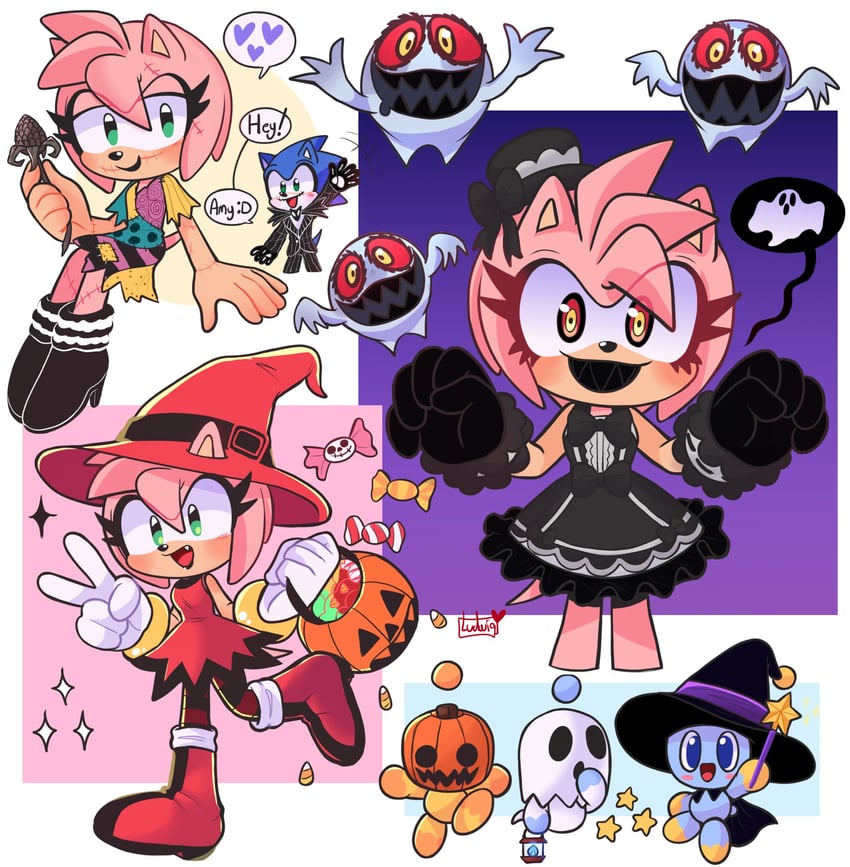 sonic the hedgehog, amy rose, frankenstein's monster, neutral chao, jack skellington, and 2 more (sonic and 3 more) drawn by heartludwig