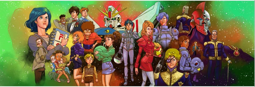 haro, f91 gundam, seabook arno, cecily fairchild, den'an zon, and 17 more (gundam and 1 more) drawn by oono_junji