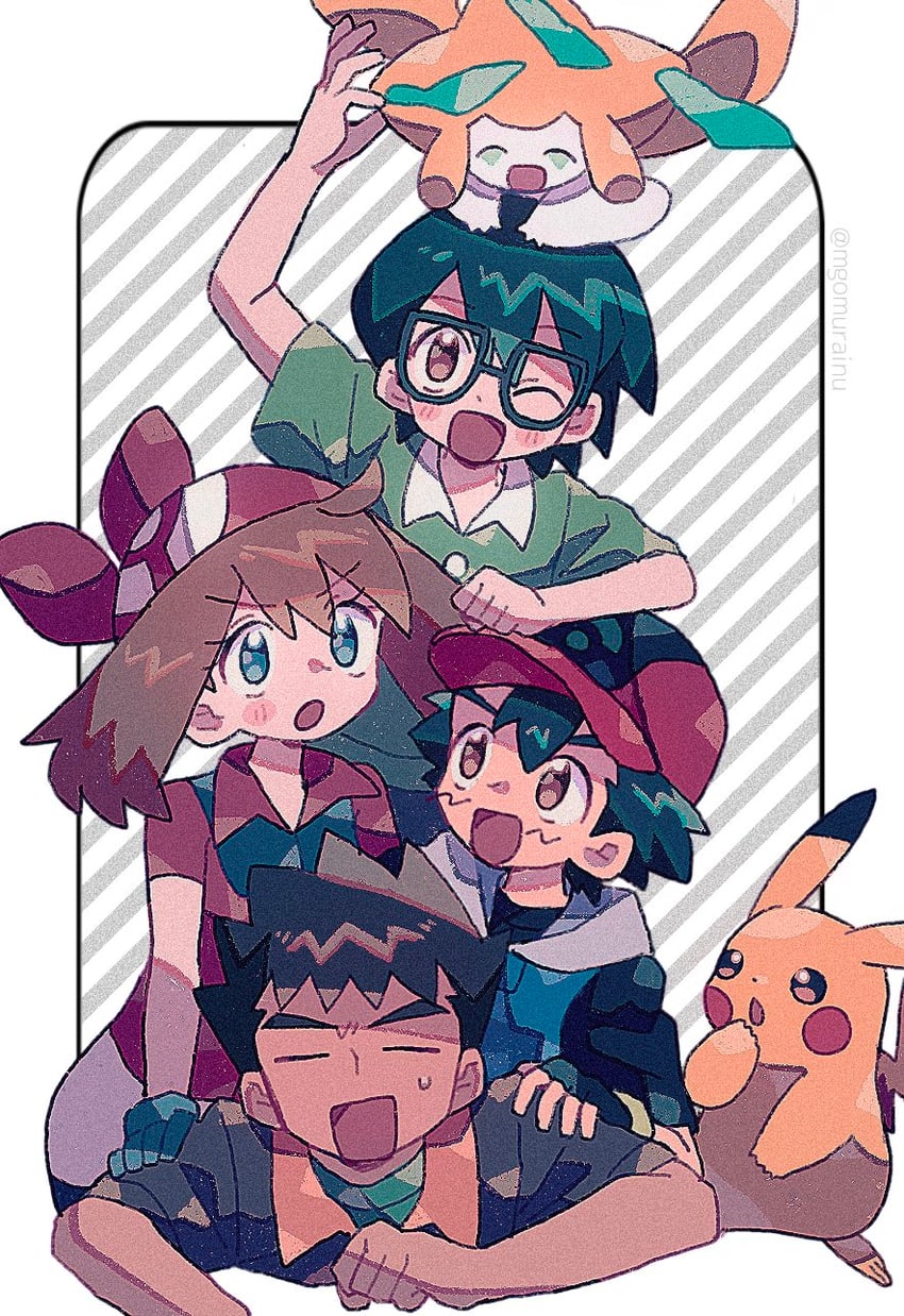 pikachu, may, ash ketchum, jirachi, brock, and 1 more (pokemon and 2 more) drawn by mgomurainu