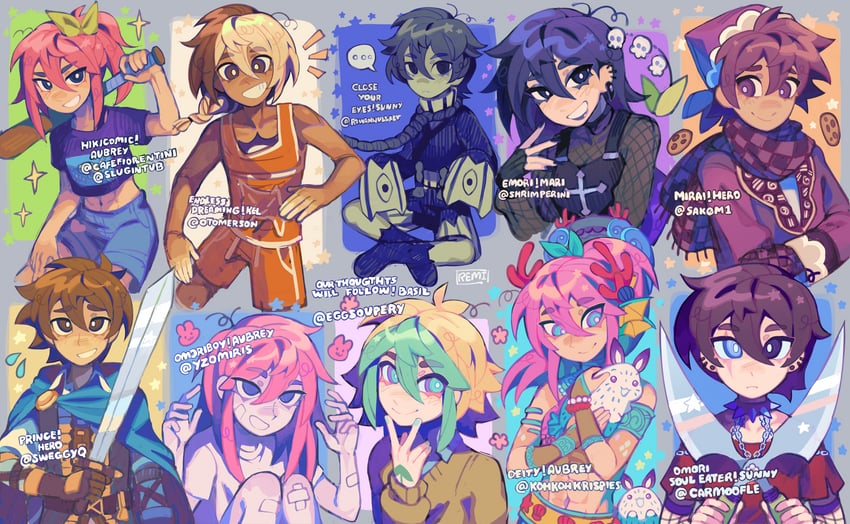 sunny, basil, aubrey, kel, mari, and 1 more (omori) drawn by remi_(mozzaremi)