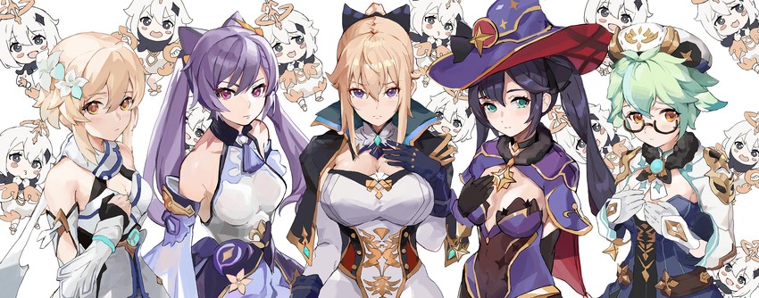 lumine, mona, keqing, paimon, jean, and 1 more (genshin impact) drawn by ikarosu_(ikarosu01)