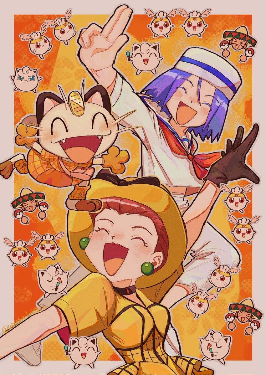 jessie, james, jigglypuff, meowth, and brock (pokemon) drawn by umebosibakari2