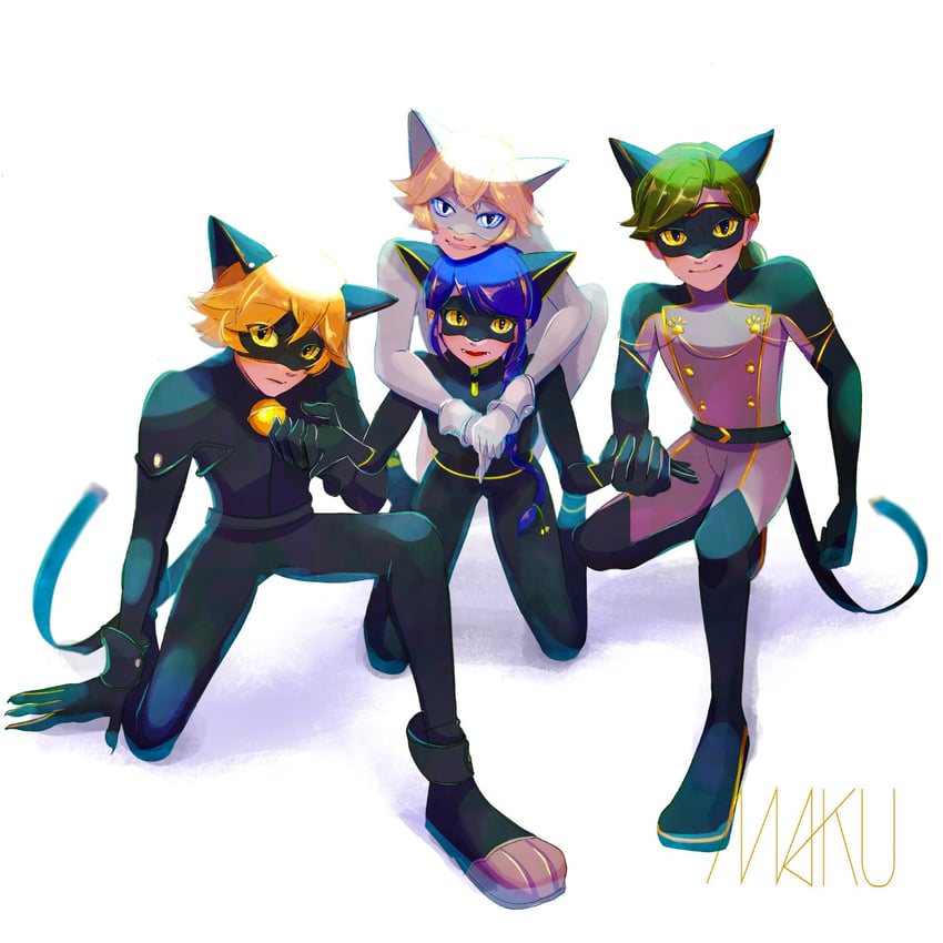 marinette dupain-cheng, adrien agreste, chat noir, lady noir, chat blanc, and 1 more (miraculous ladybug) drawn by makumakuma03