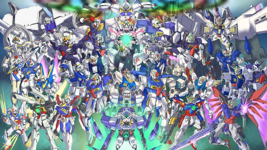 rx-78-2 gundam, zeta gundam, nu gundam, unicorn gundam, turn a gundam, and 29 more (gundam and 35 more) drawn by rabinidaddo