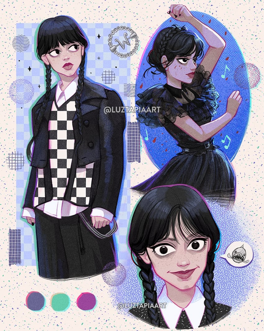 wednesday addams (addams family and 1 more) drawn by luztapiaart