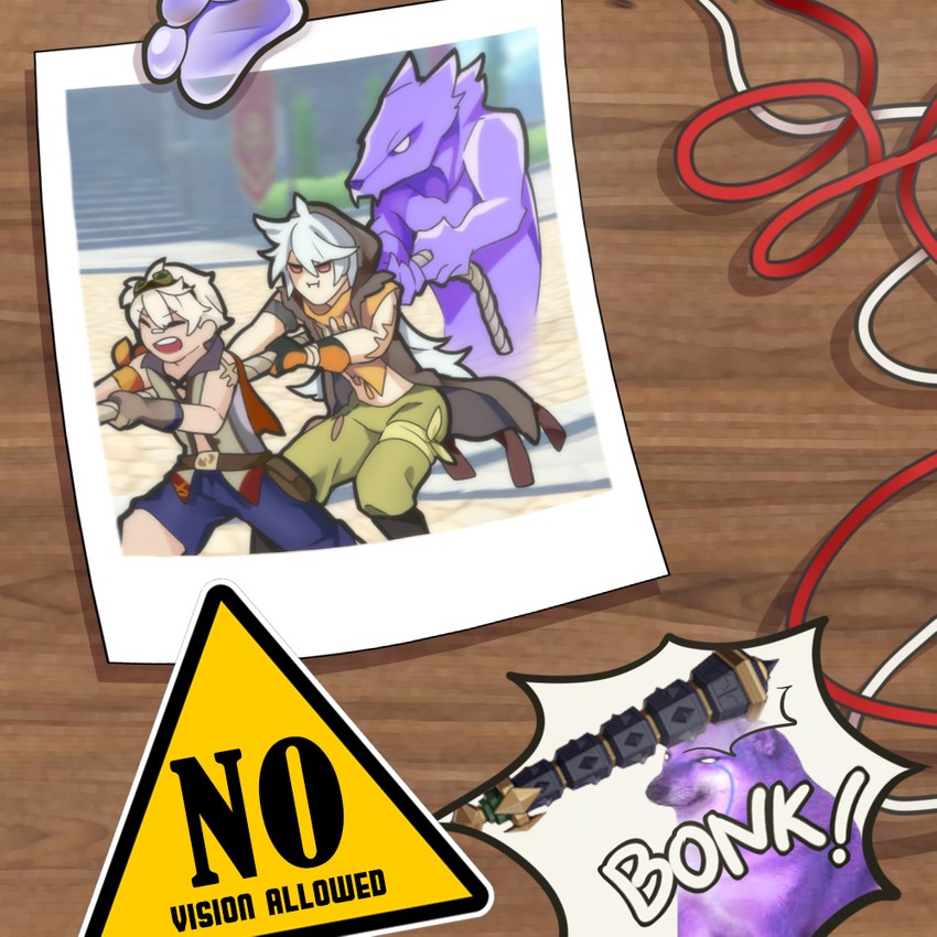 razor, bennett, and cheemsburger (genshin impact) drawn by masollyn
