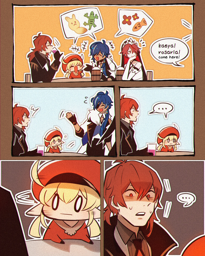 klee, diluc, kaeya, dodoco, and rosaria (genshin impact) drawn by enpitsu01