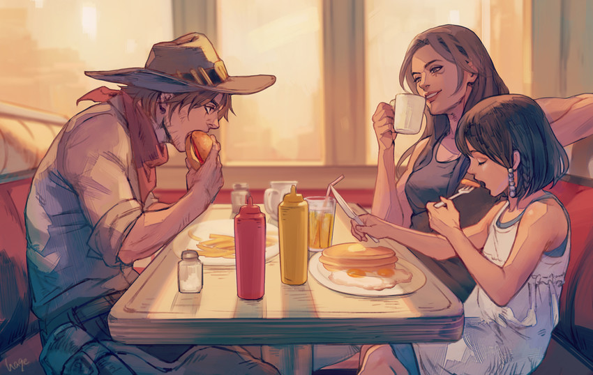 pharah, cassidy, ana, and captain amari (overwatch and 1 more) drawn by hage2013