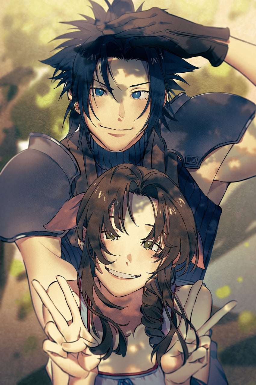 aerith gainsborough and zack fair (final fantasy and 2 more) drawn by shioajiass