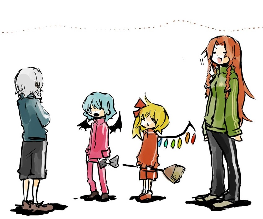 remilia scarlet, flandre scarlet, izayoi sakuya, and hong meiling (touhou) drawn by kurau_kii