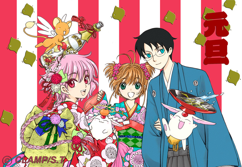 kinomoto sakura, kero, shidou hikaru, mokona, and watanuki kimihiro (cardcaptor sakura and 2 more) drawn by clamp_(circle)