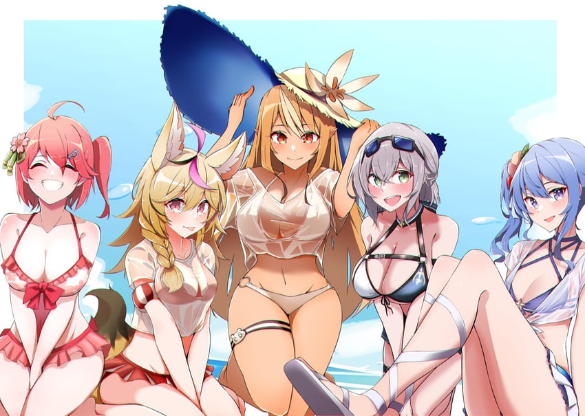 hoshimachi suisei, sakura miko, shirogane noel, shiranui flare, and omaru polka (hololive) drawn by yamaki_(yamaki801)