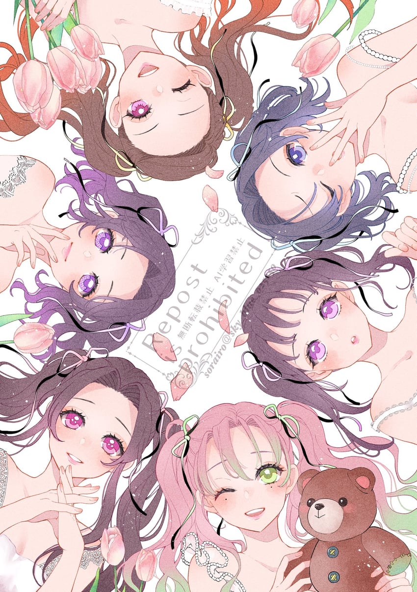 kamado nezuko, kochou shinobu, kanroji mitsuri, tsuyuri kanao, kochou kanae, and 1 more (kimetsu no yaiba) drawn by sky_blue_025250