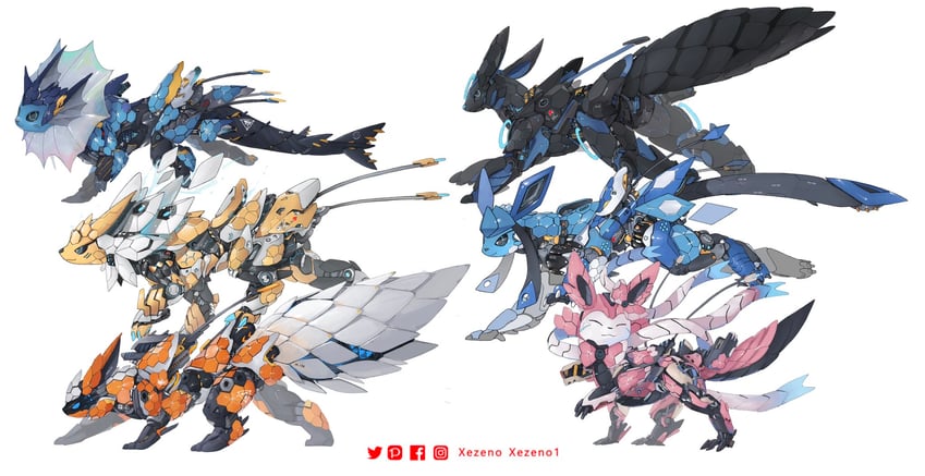 sylveon, umbreon, glaceon, vaporeon, flareon, and 1 more (original and 1 more) drawn by xezeno