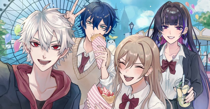 kuzuha, furen e lustario, leos vincent, meloco kyoran, and mameneko (nijisanji and 1 more) drawn by amamoto_o