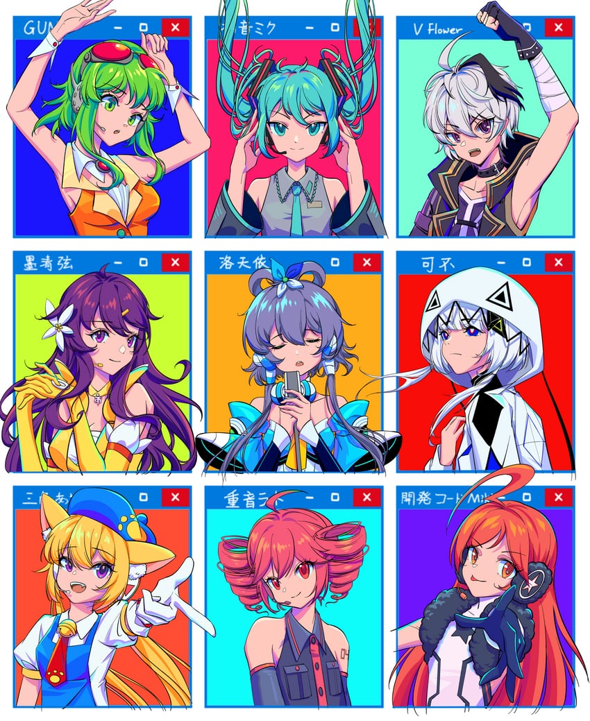 hatsune miku, kasane teto, gumi, flower, luo tianyi, and 4 more (vocaloid and 4 more) drawn by juhuacha