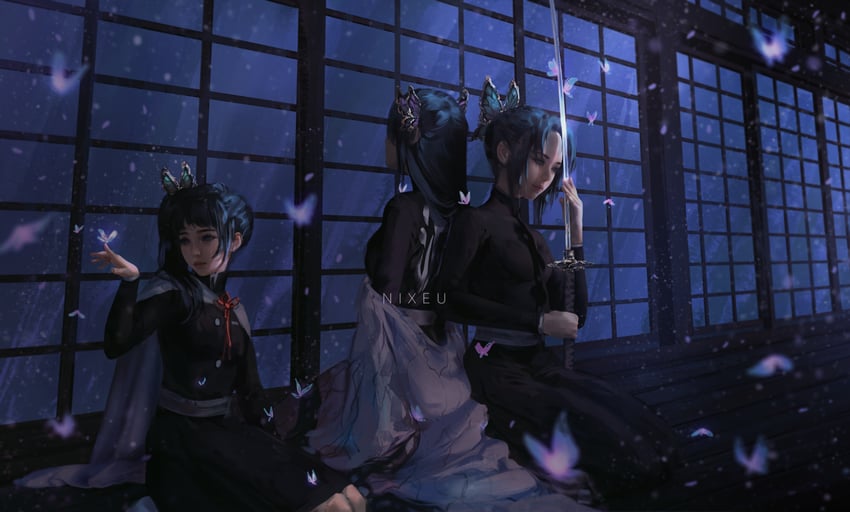 kochou shinobu, tsuyuri kanao, and kochou kanae (kimetsu no yaiba) drawn by nixeu