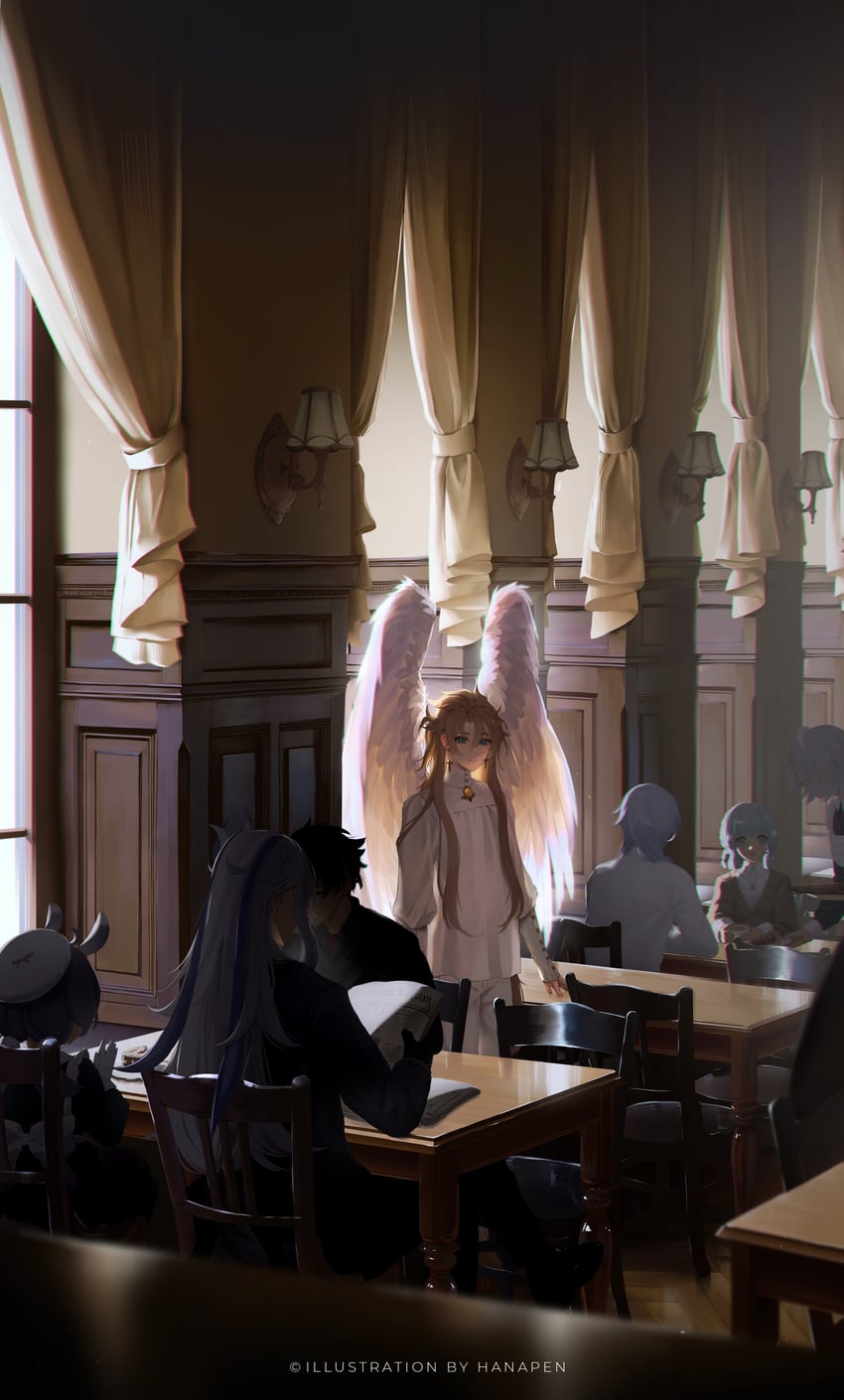 kamisato ayaka, neuvillette, albedo, noelle, kamisato ayato, and 2 more (genshin impact) drawn by hanapen