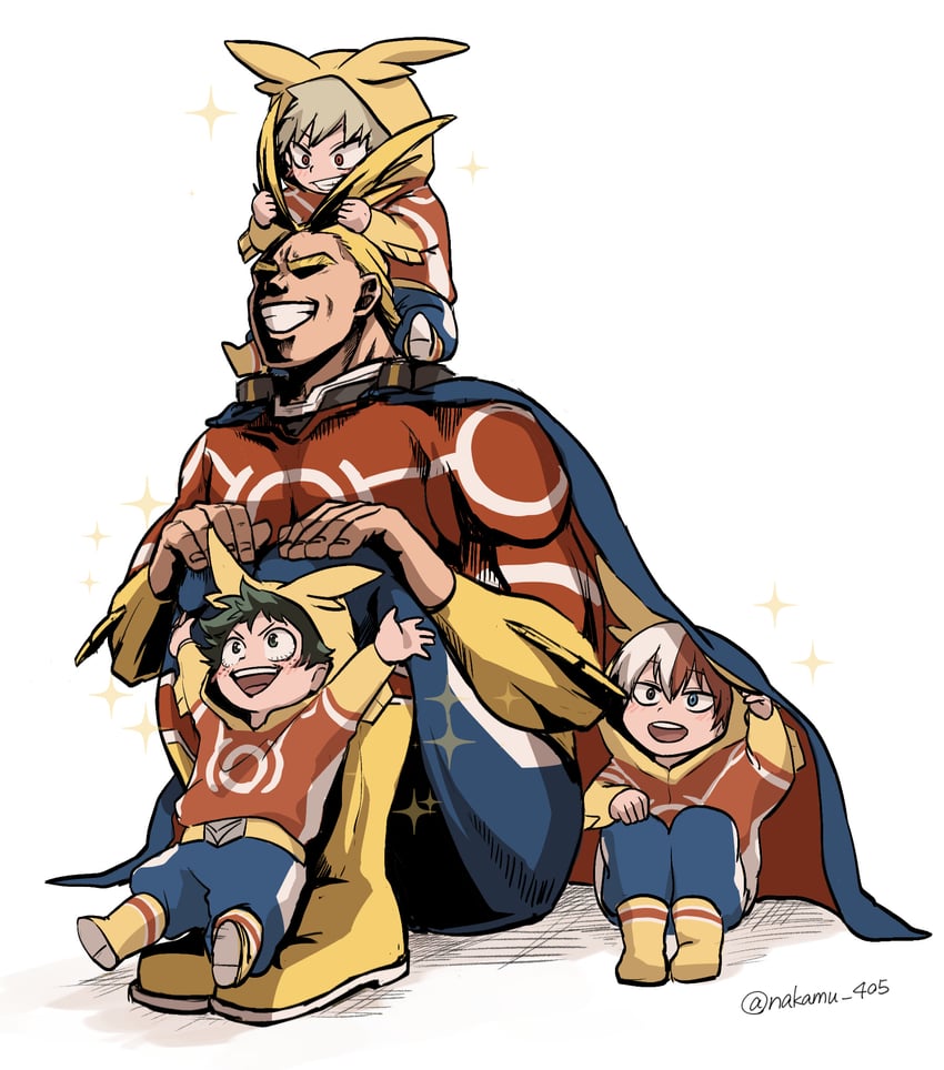 midoriya izuku, bakugou katsuki, todoroki shoto, and all might (boku no hero academia) drawn by nakamu_405