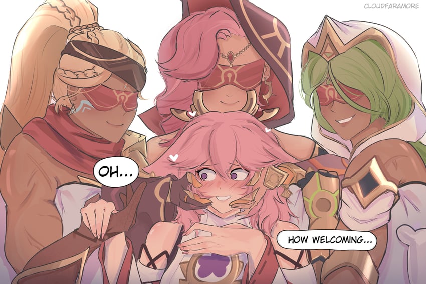 yae miko, eremite scorching loremaster, eremite floral ring-dancer, and eremite galehunter (genshin impact) drawn by cloudfaramore