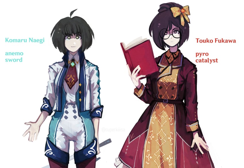 fukawa toko and naegi komaru (genshin impact and 2 more) drawn by lily_(superkiiisa)