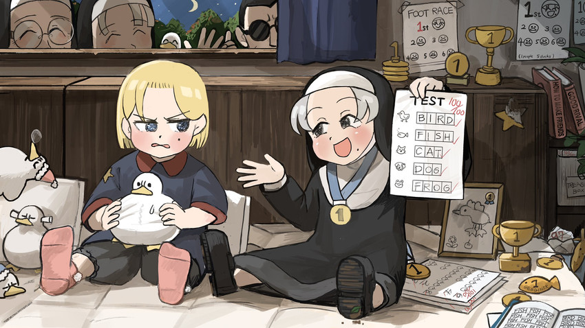 strict nun, smug nun, father, mother superior, and parted grey nun (little nuns) drawn by diva_(hyxpk)