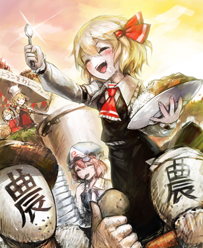 saigyouji yuyuko, rumia, aki minoriko, aki shizuha, and sin sack (touhou) drawn by spark621