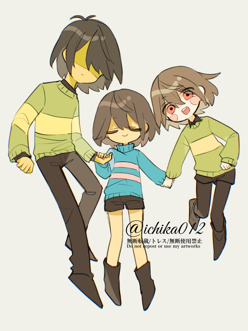 frisk, chara, and kris (undertale and 1 more) drawn by ichika012