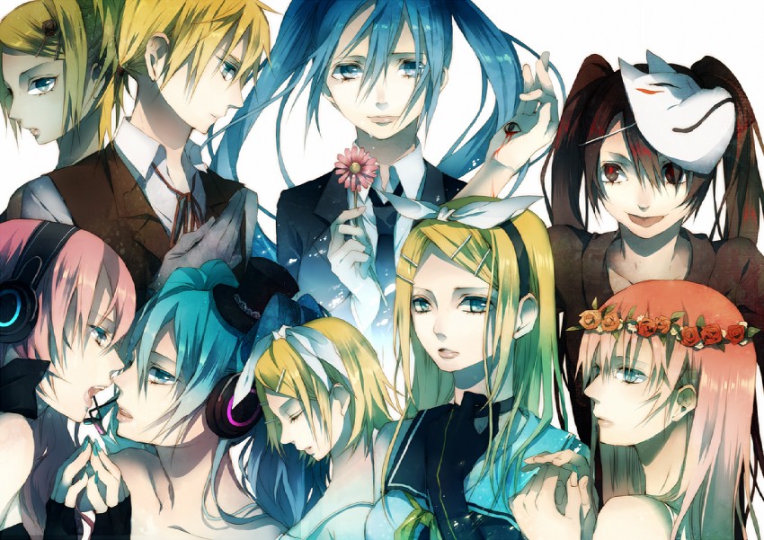 hatsune miku, kagamine rin, kagamine len, megurine luka, riliane lucifen d'autriche, and 1 more (vocaloid and 8 more) drawn by tsukioka_tsukiho