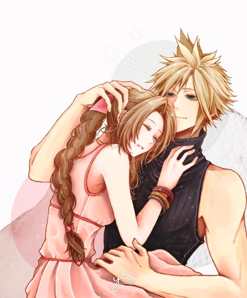 cloud strife and aerith gainsborough (final fantasy and 2 more) drawn by yco_030601