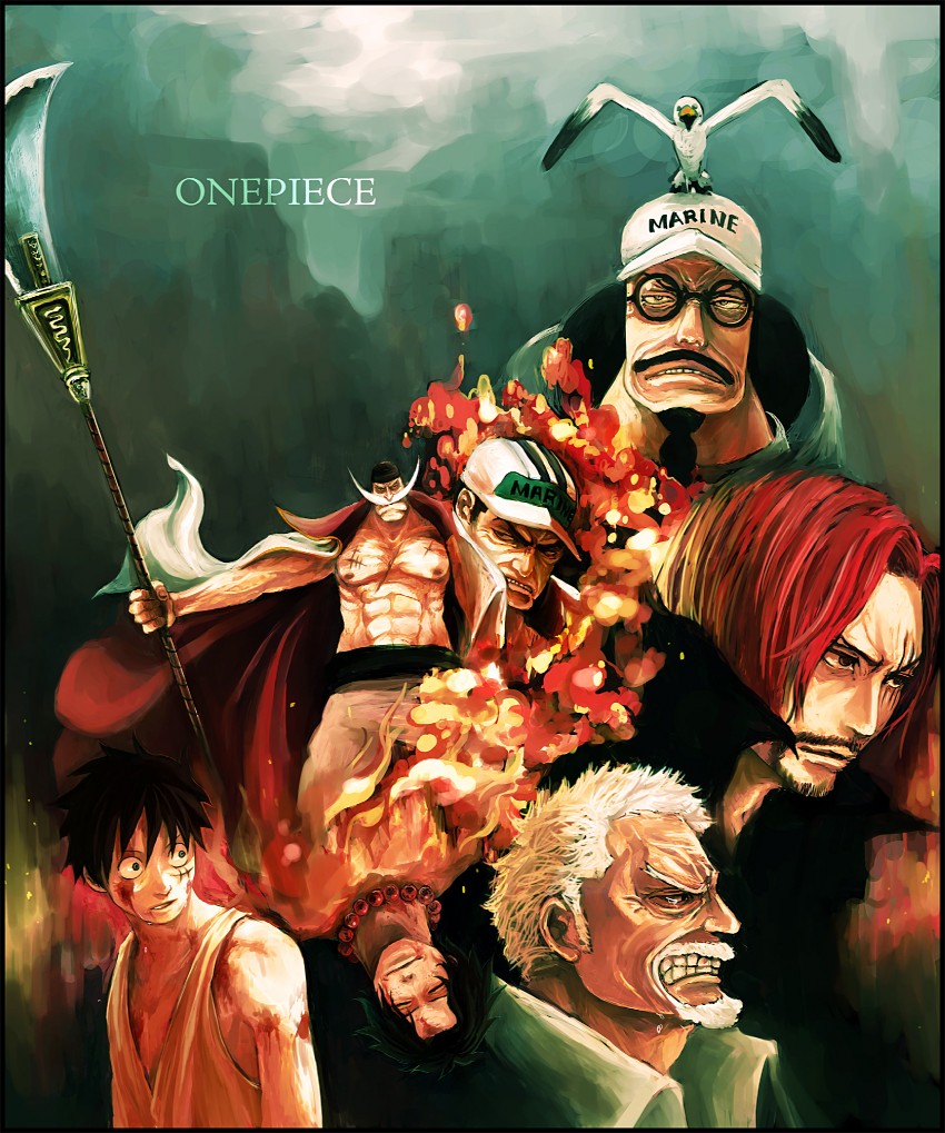 monkey d. luffy, portgas d. ace, shanks, edward newgate, monkey d. garp, and 2 more (one piece) drawn by tsuyomaru