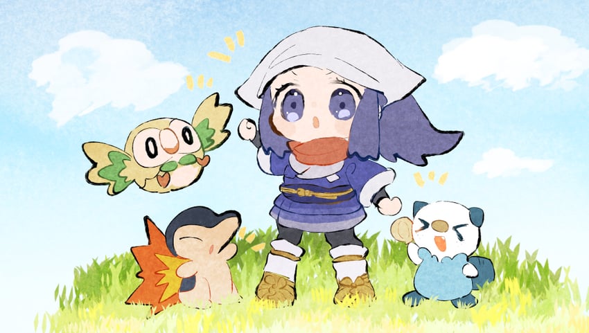 akari, rowlet, oshawott, and cyndaquil (pokemon and 1 more) drawn by yukiu_(yukiusagi913)