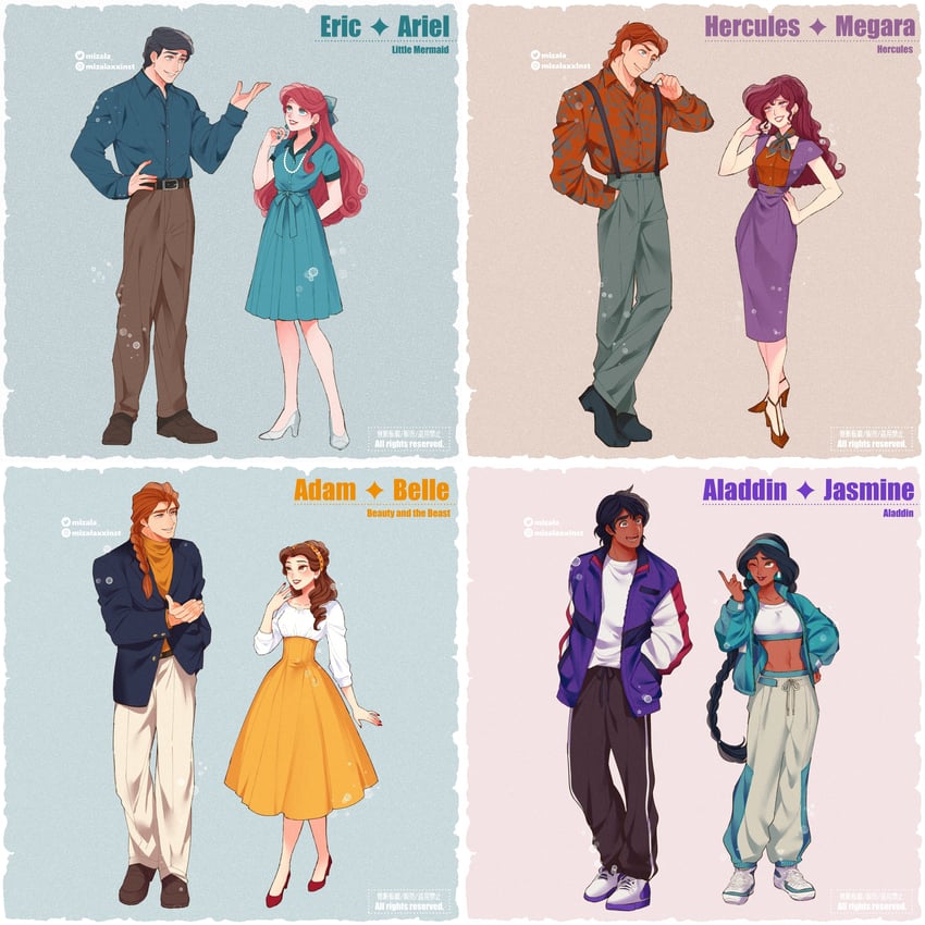 ariel, jasmine, belle, megara, hercules, and 2 more (the little mermaid and 3 more) drawn by mizala