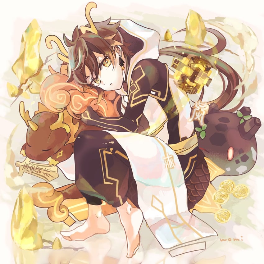 zhongli, slime, and rex lapis (genshin impact) drawn by womi1124