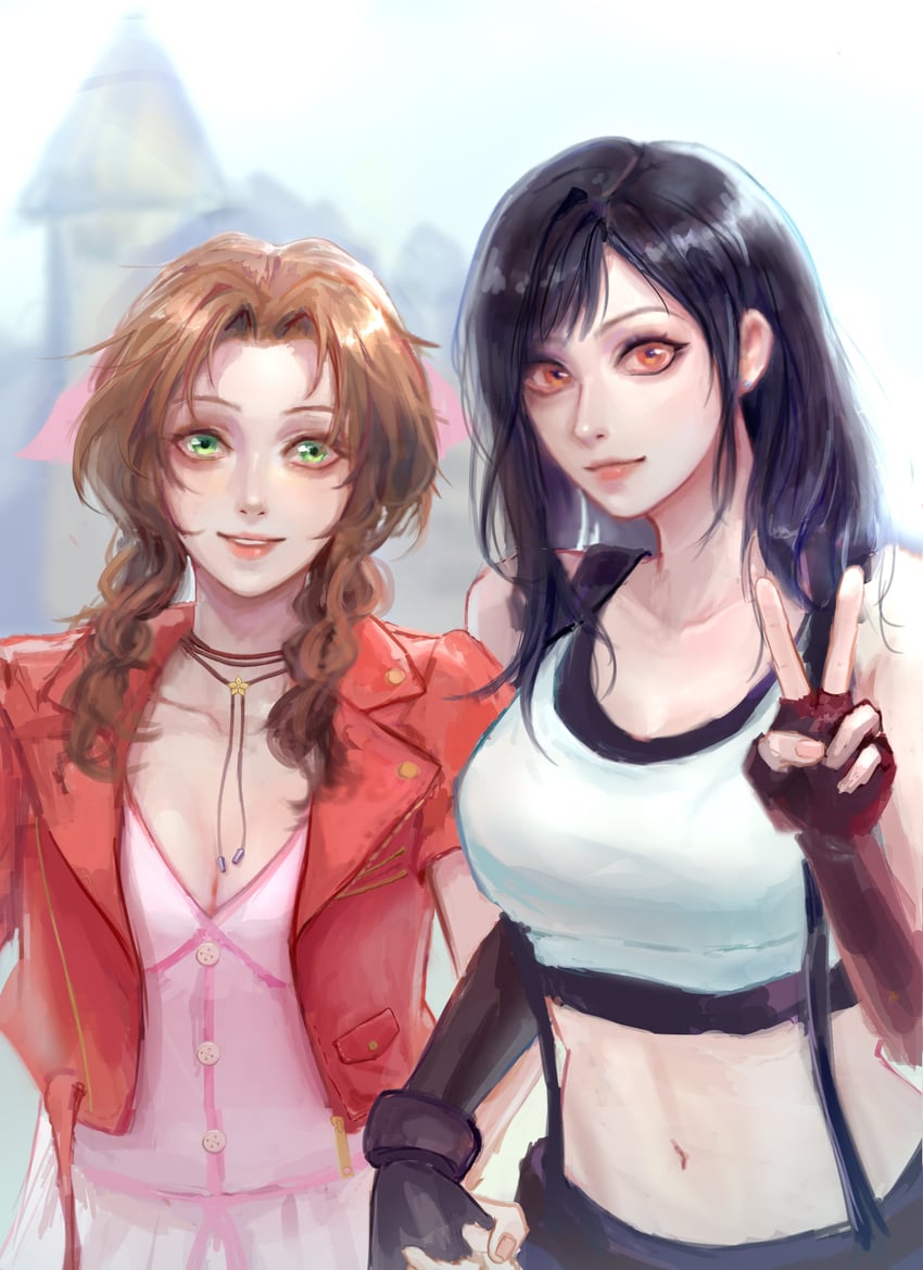 tifa lockhart and aerith gainsborough (final fantasy and 2 more) drawn by linnea_1126