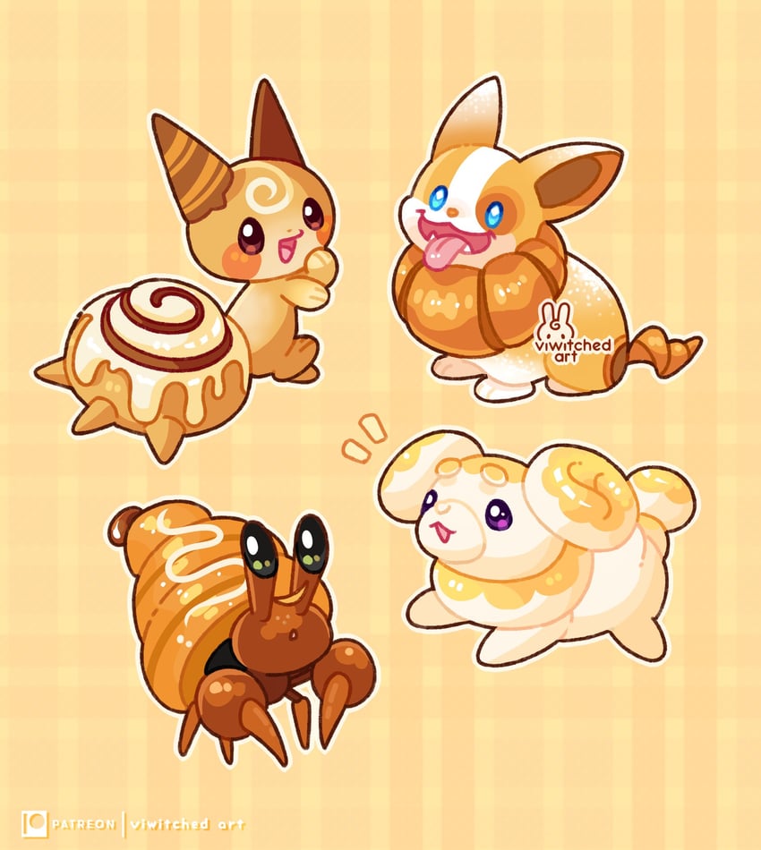 pachirisu, yamper, fidough, and dwebble (pokemon) drawn by viwitched_art