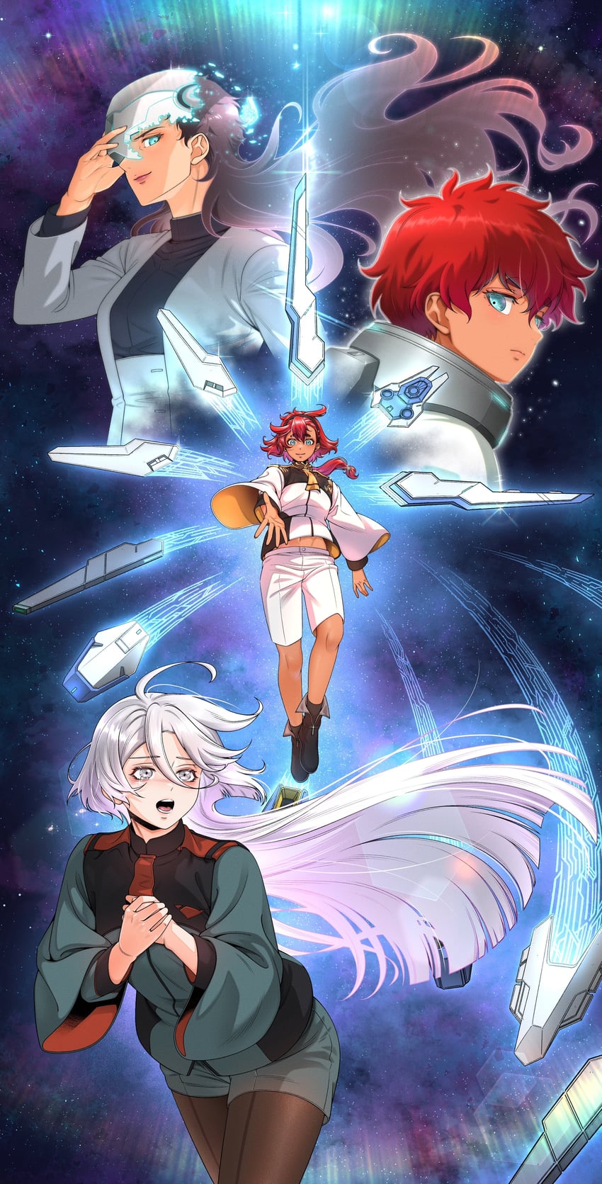 suletta mercury, miorine rembran, ericht samaya, and prospera mercury (gundam and 1 more) drawn by volante0011