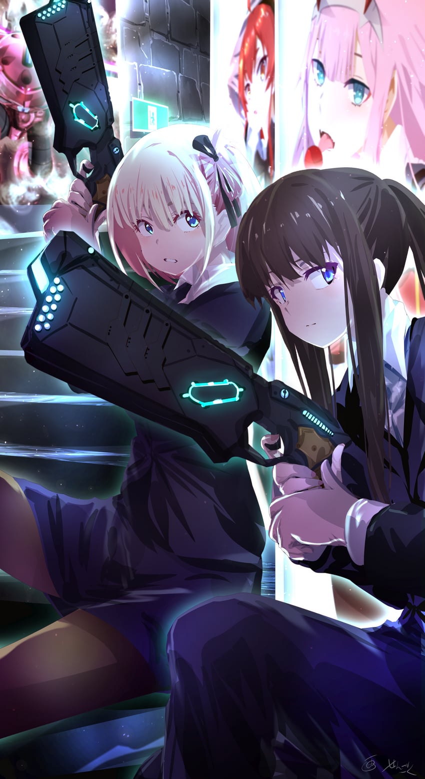 nishikigi chisato, inoue takina, zero two, and z'gok (gundam and 5 more) drawn by sengoku_chidori