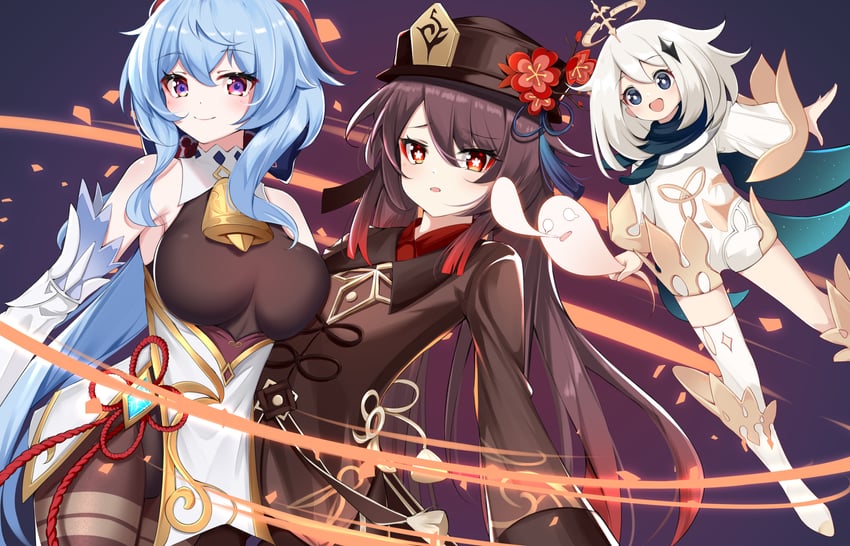 ganyu, hu tao, paimon, and boo tao (genshin impact) drawn by catnnn